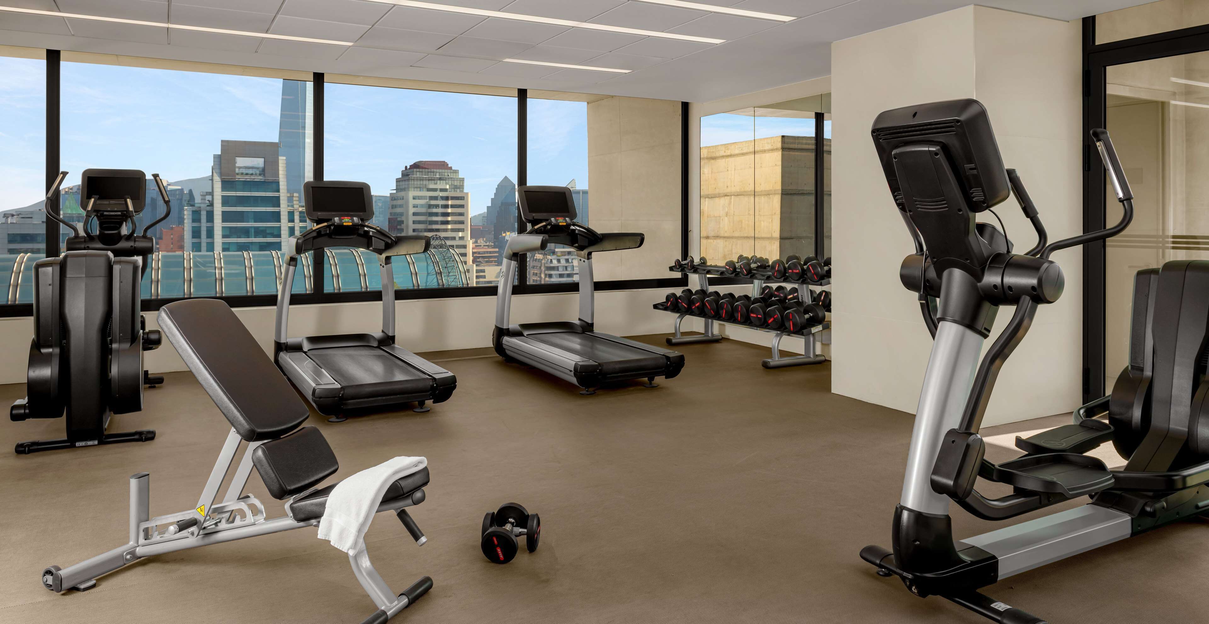 Un gimnasio con cintas de correr, máquinas de pesas y mancuernas.
