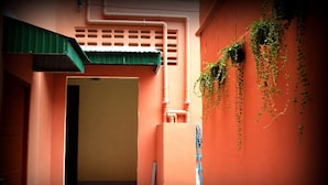 A narrow corridor with a door at the end, a green awning, and a wall with hanging vines. - D's Corner & Guesthouse (Phuket)