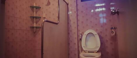 Un baño pequeño con inodoro, ducha y ventana.