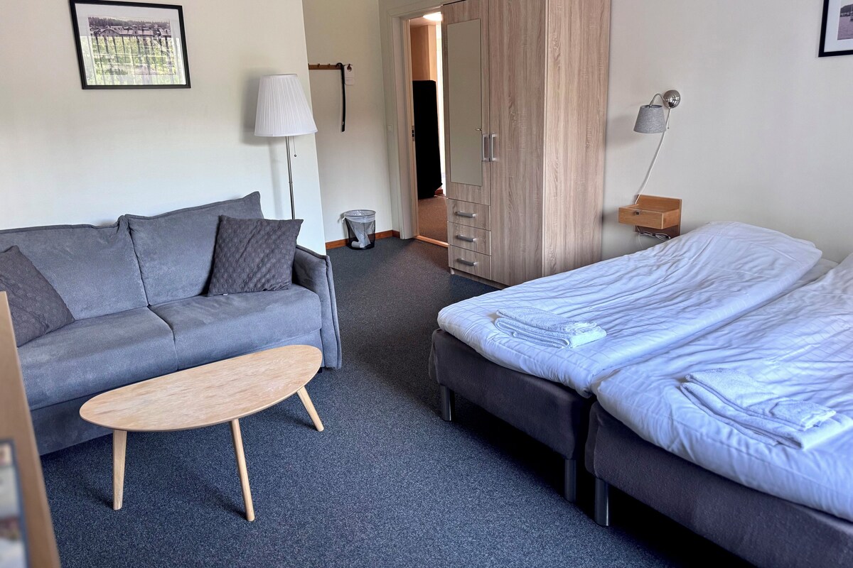 A hotel room with a grey sofa, a wooden coffee table, a bed with white bedding, a wardrobe, and a framed picture on the wall.