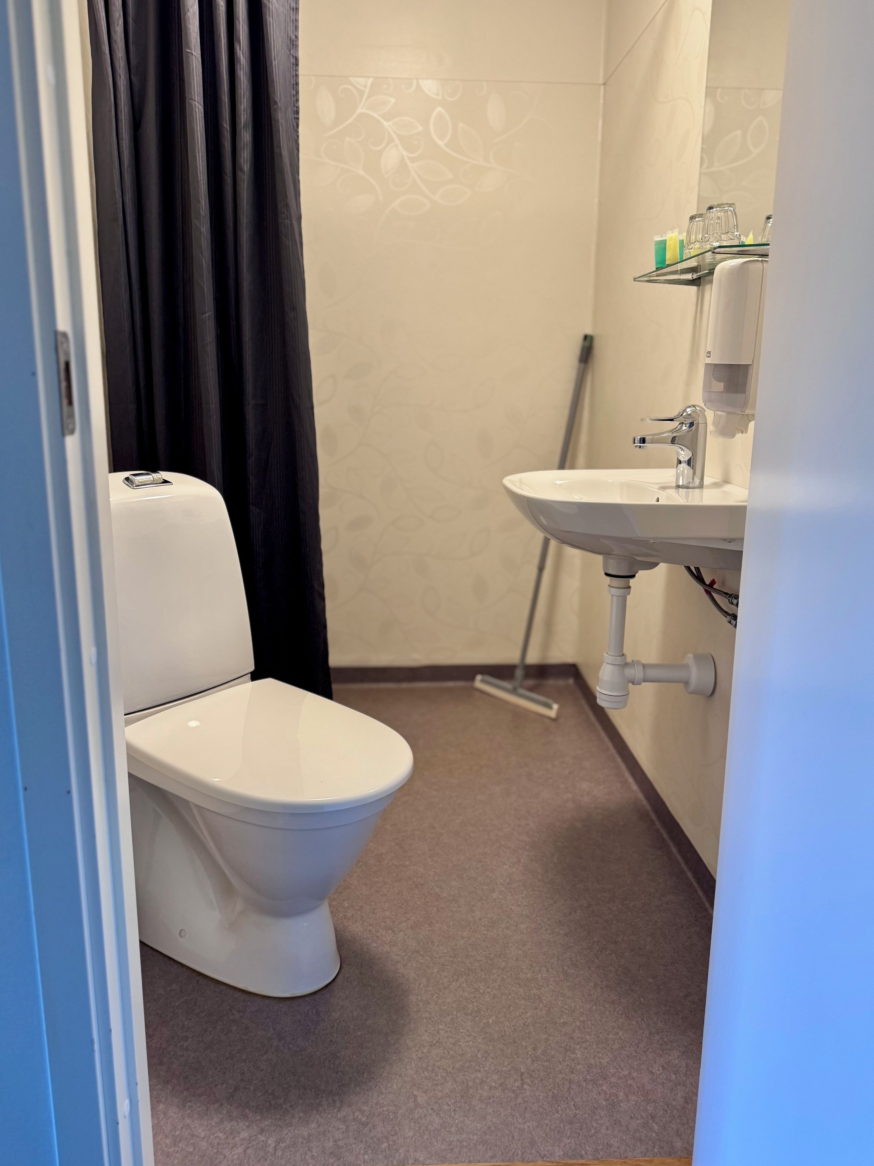 Een badkamer met toilet, wastafel en een dweil.