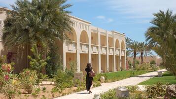 A building with arched windows and a pathway lined with palm trees and flowers.