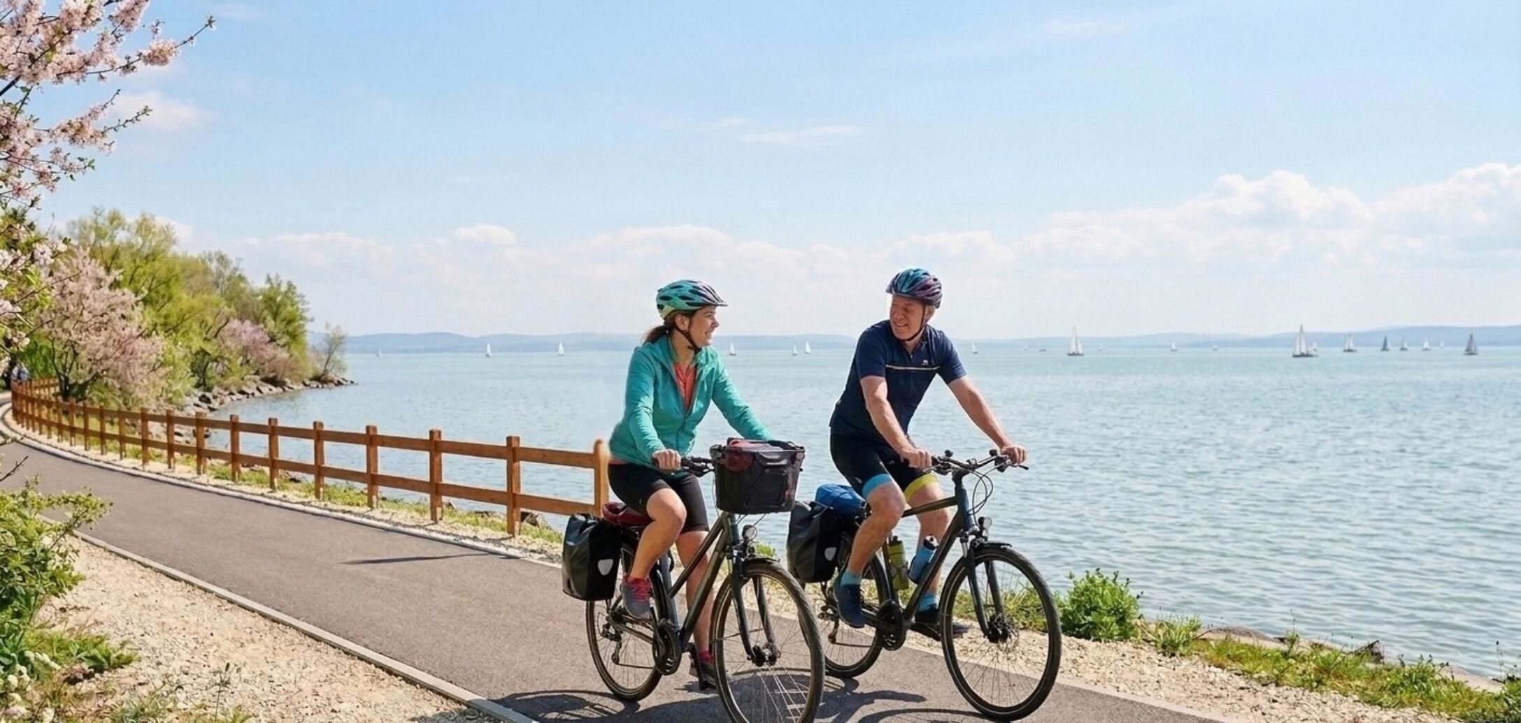 Two cyclists on a paved path by a lake with sailboats in the distance.