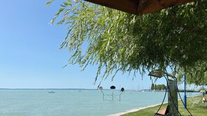 Parque junto al lago con césped, un aro de baloncesto y un árbol que da sombra.