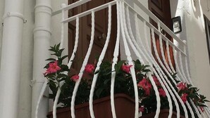 A white balcony with a white railing, potted plants with pink flowers, and a brown door. - Casa Baldassarre (Ostuni)