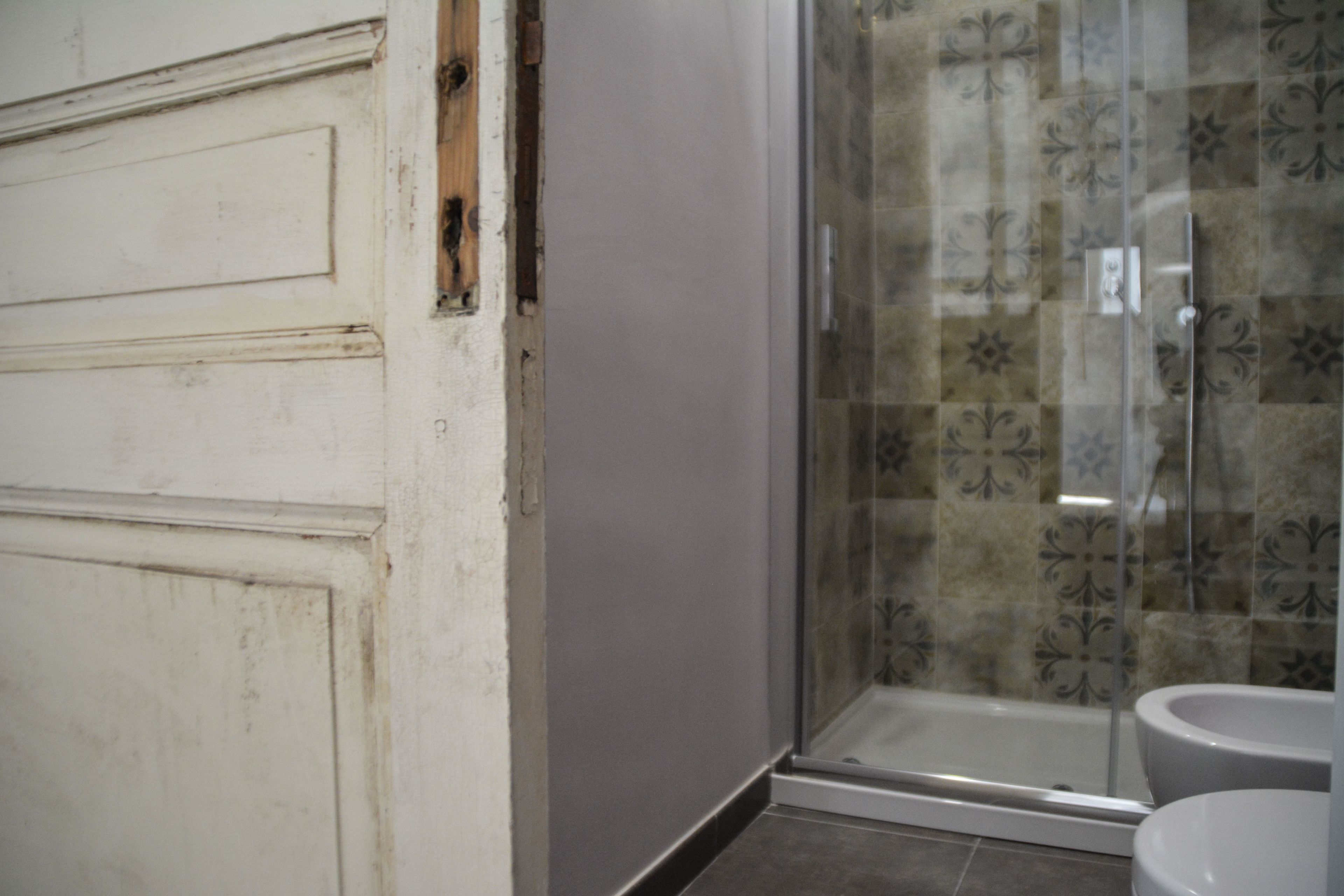 A bathroom with a shower, toilet, and a door with a decorative panel.