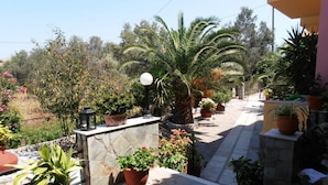 A balcony with potted plants, a stone wall, and a pathway leading to a door. - Armonia Studios (Lesvos)