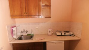 A compact kitchen with wooden cabinets, a stainless steel sink, a white dishwasher, and a small stove. - Kipos Studios (Lesvos)