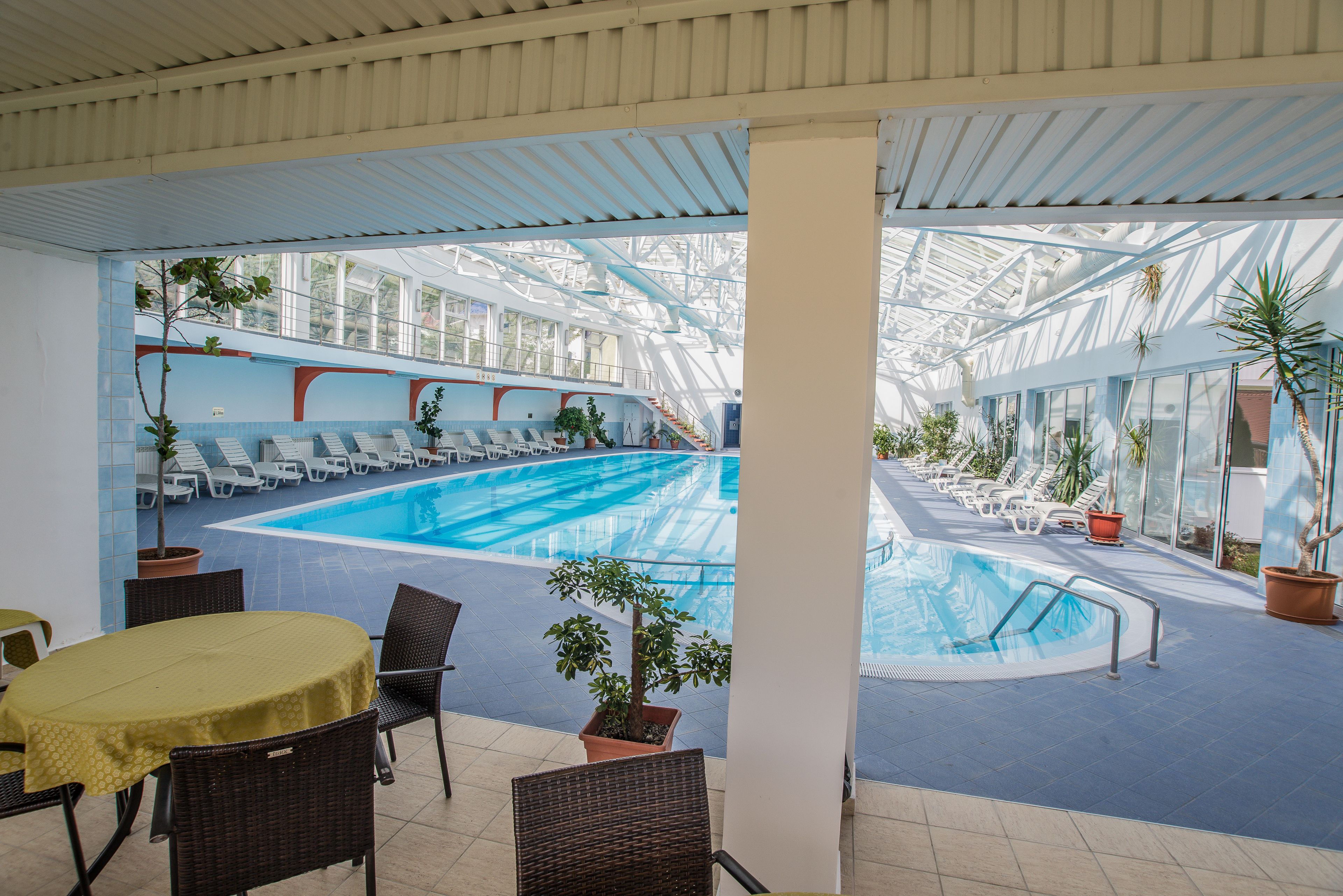 An indoor swimming pool with lounge chairs and potted plants.