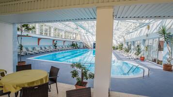 An indoor swimming pool with lounge chairs and potted plants.