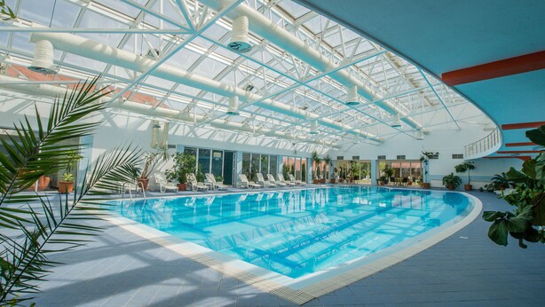 Una piscina interior con agua cristalina, rodeada de sillas de descanso y plantas en macetas.