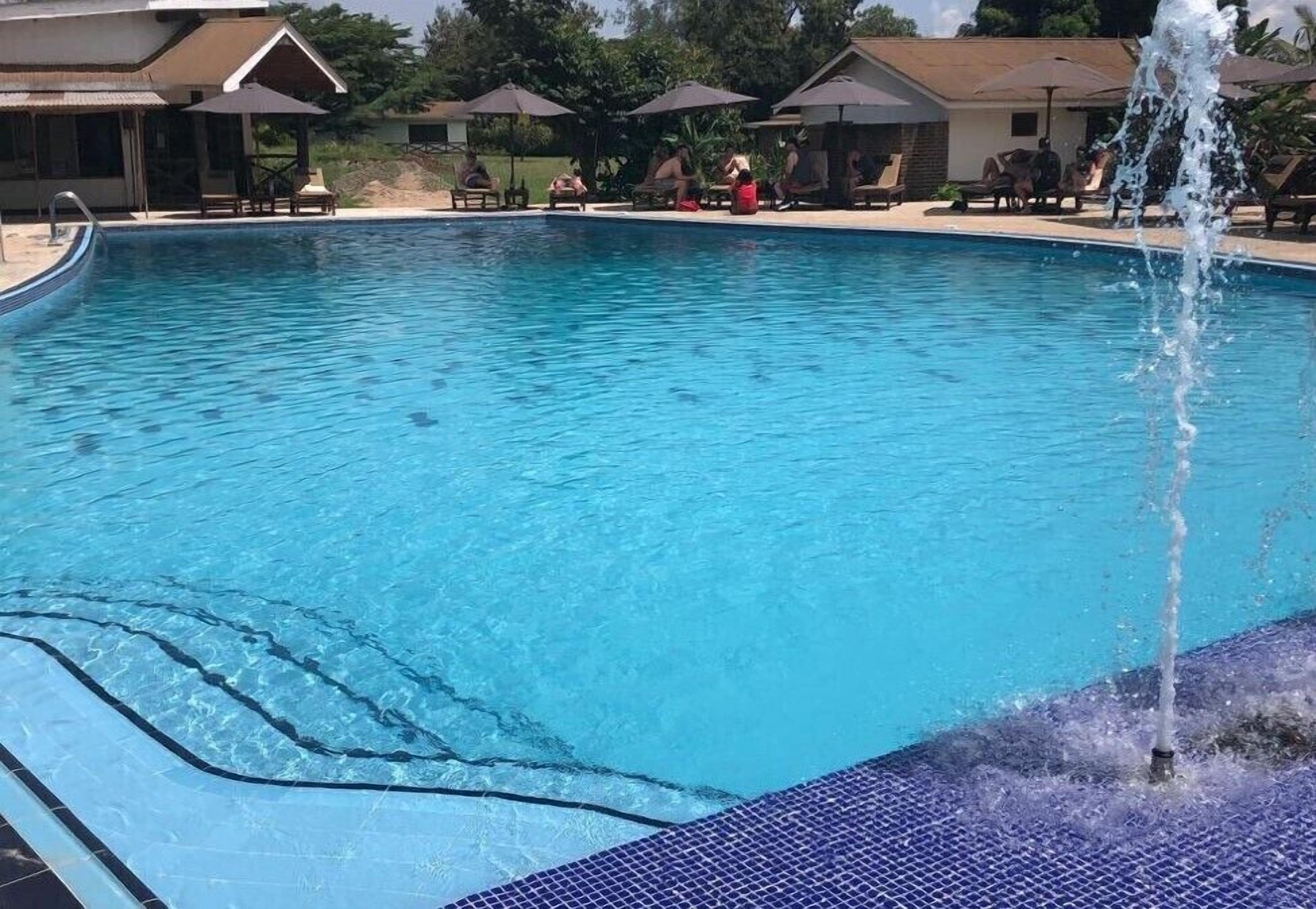 Une piscine à l’eau claire, des chaises longues et des parasols disposés autour de la piscine.