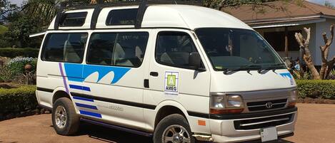A white van with blue stripes parked on a dirt surface, surrounded by greenery and a building in the background.