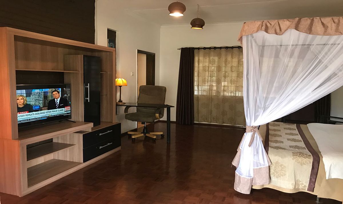 Habitación de hotel con televisión, escritorio, silla, cama con dosel y ventana con cortinas.