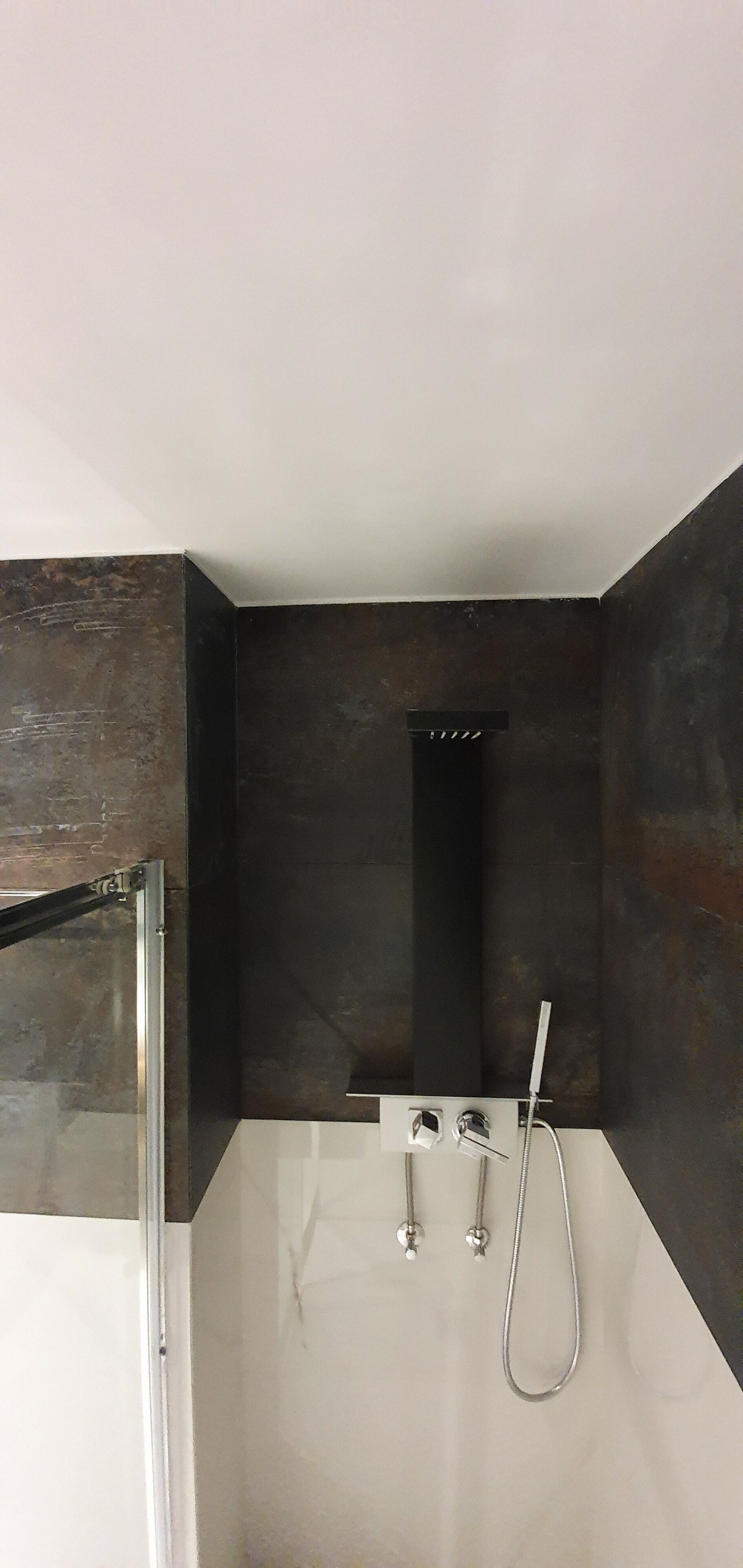 A modern bathroom with a glass shower enclosure, a standalone showerhead, and a handheld showerhead mounted on the wall.