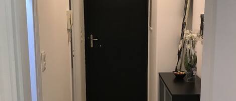 Un pasillo con una puerta negra, una pared blanca y un mueble negro con un jarrón y una planta encima.
