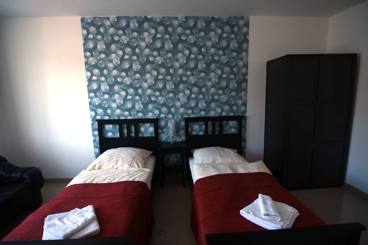A room with two single beds, a wardrobe, and a patterned wall.