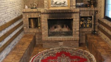 Flat-screen TV, fireplace