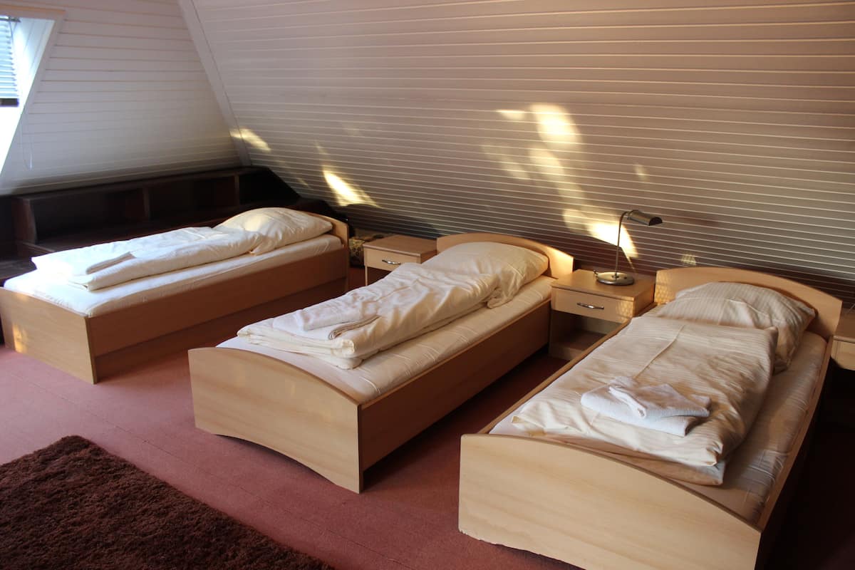 A bedroom with two single beds, a nightstand, and a lamp.