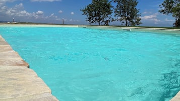 Outdoor pool, pool umbrellas, sun loungers