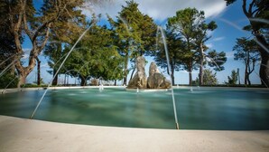Ein Pool mit einer Felsformation in der Mitte, umgeben von Bäumen.