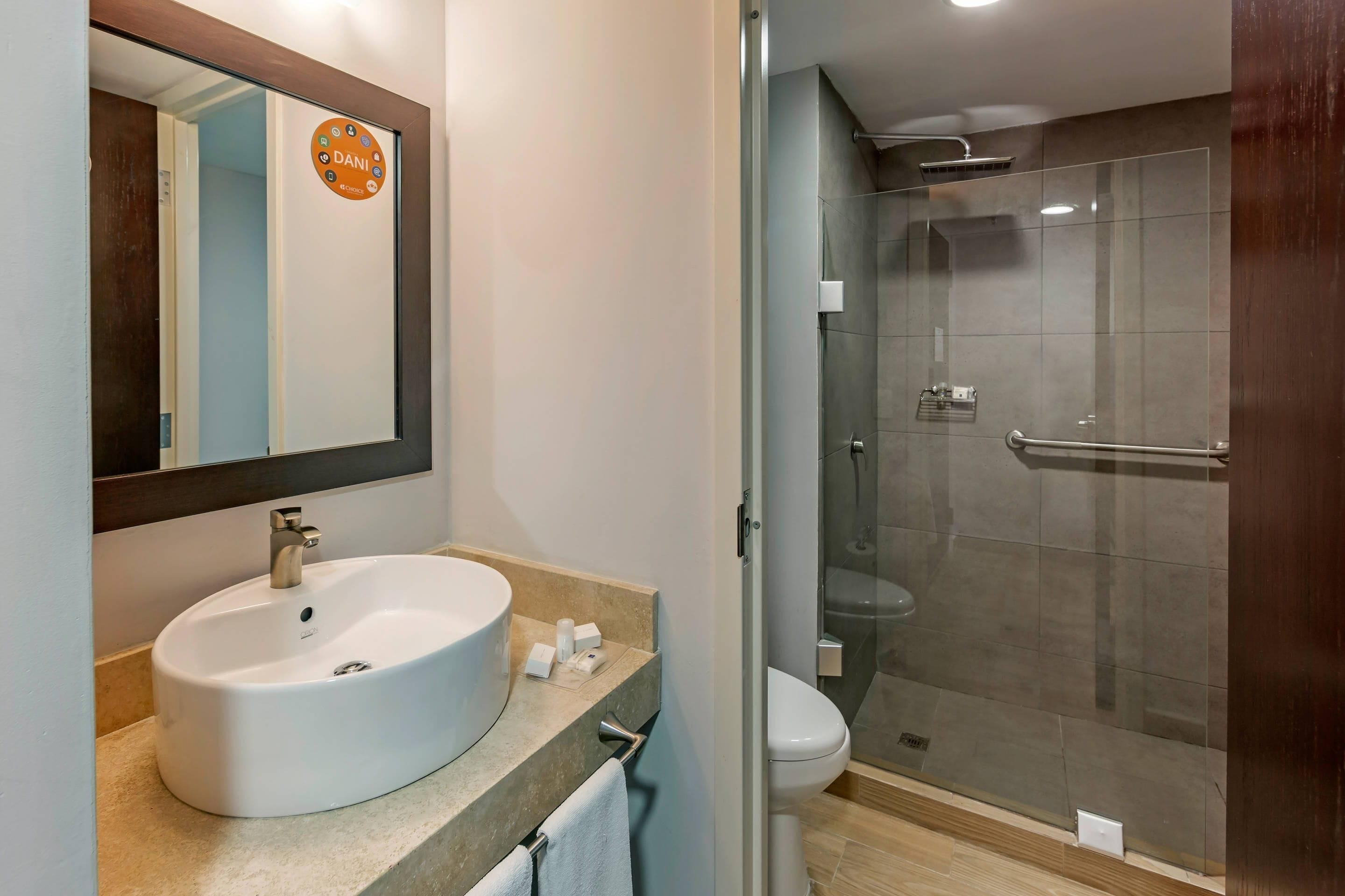 A modern bathroom with a large sink, a mirror, and a glass-enclosed shower.