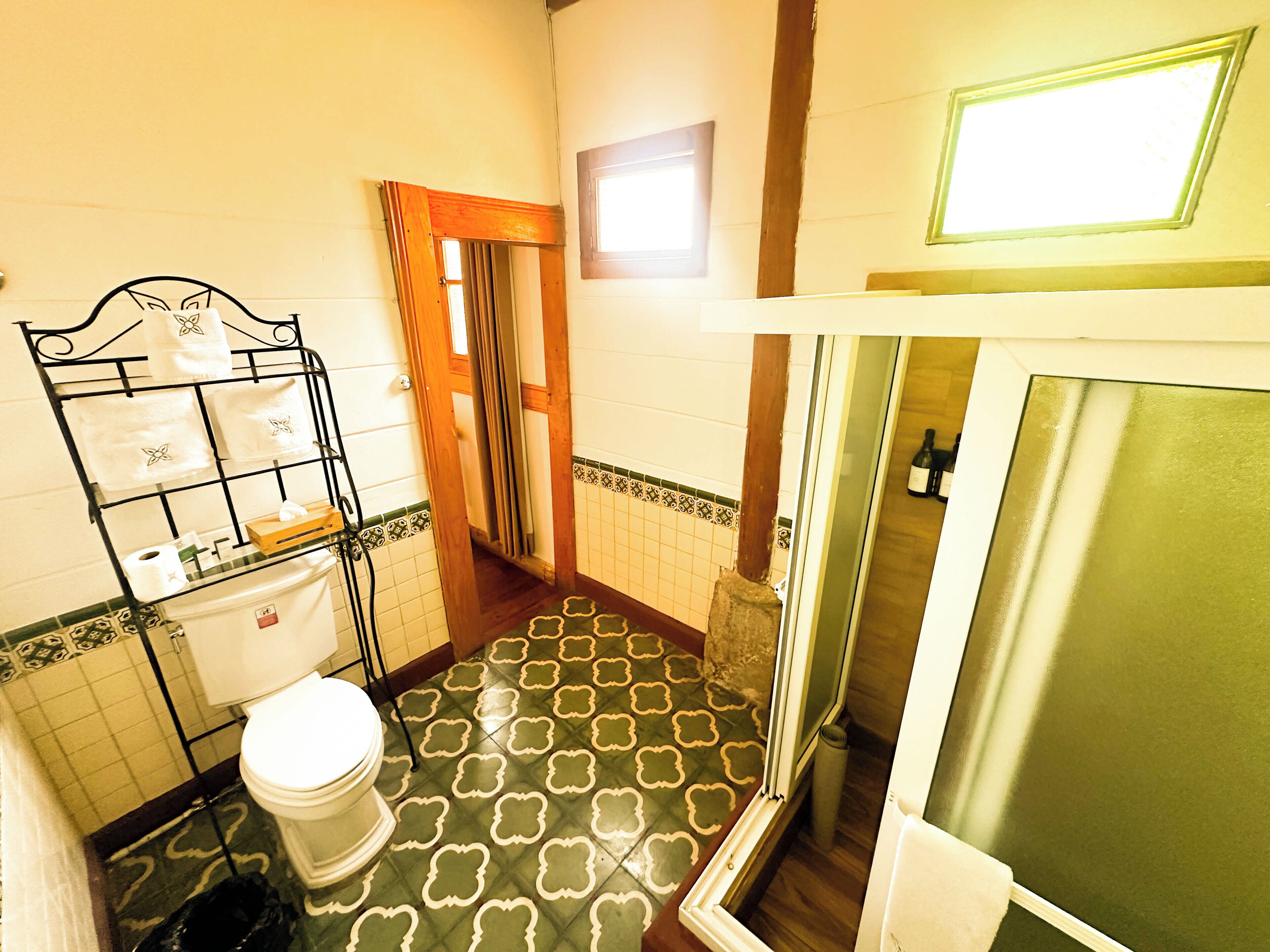 Une salle de bain avec un carrelage décoratif, des toilettes, un porte-serviettes en métal et un espace douche.