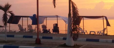 Accommodatie ligt op het strand, parasols