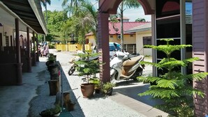 A covered outdoor area with potted plants and a row of parked scooters. - Kampung Guest House - Hostel (Langkawi)