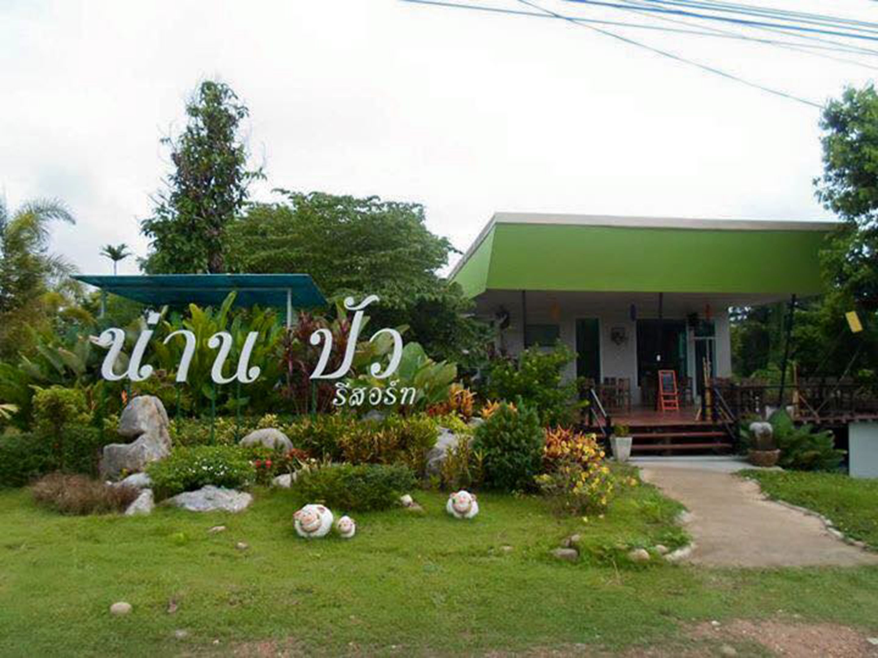 A building with a green roof and a covered entrance area, surrounded by a garden with rocks and plants.
