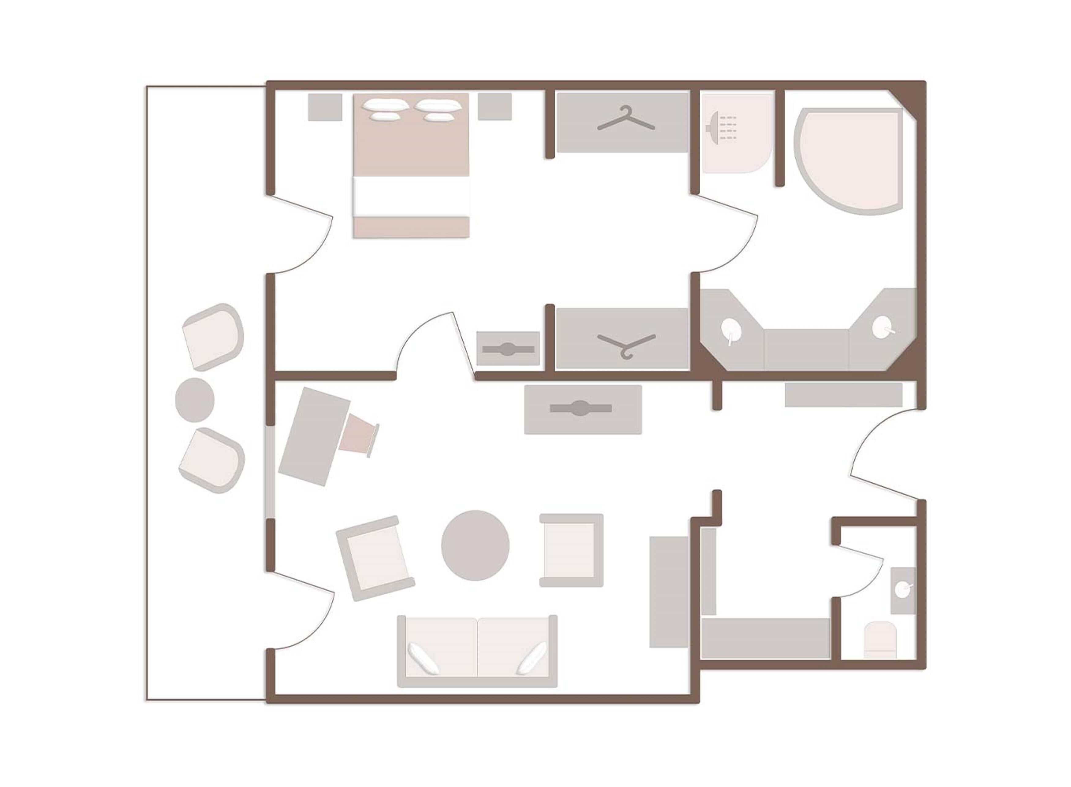 A hotel room layout with a bed, seating area, kitchenette, bathroom, and a small balcony.
