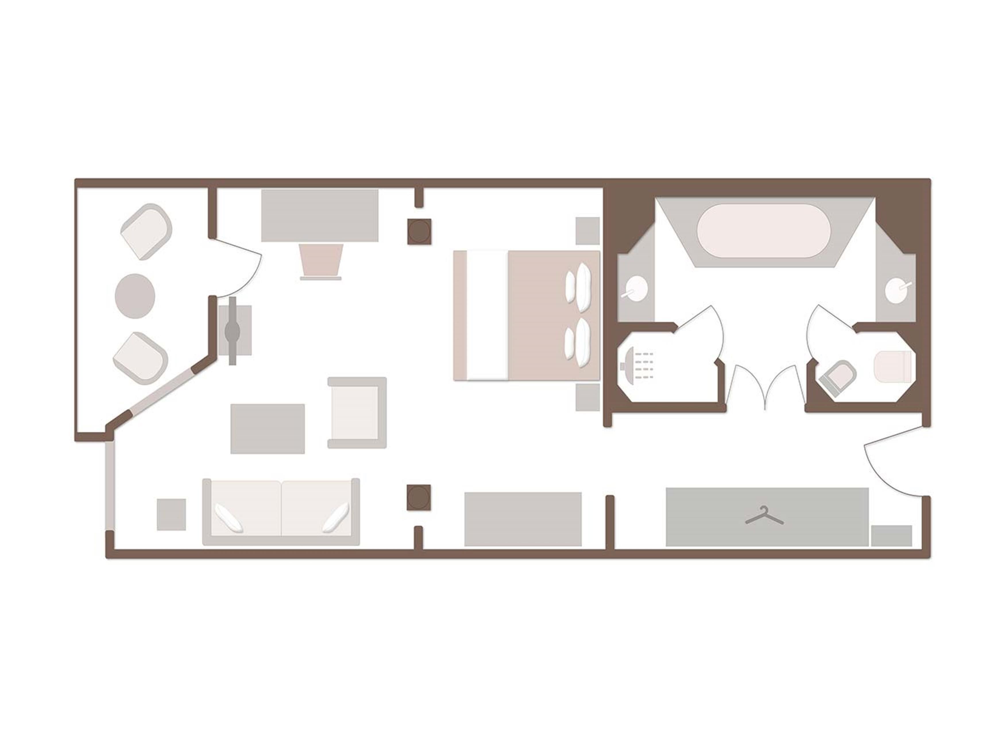 Plano de una habitación de hotel que incluye una cama, un escritorio, una silla, un armario, un baño con bañera y un inodoro.
