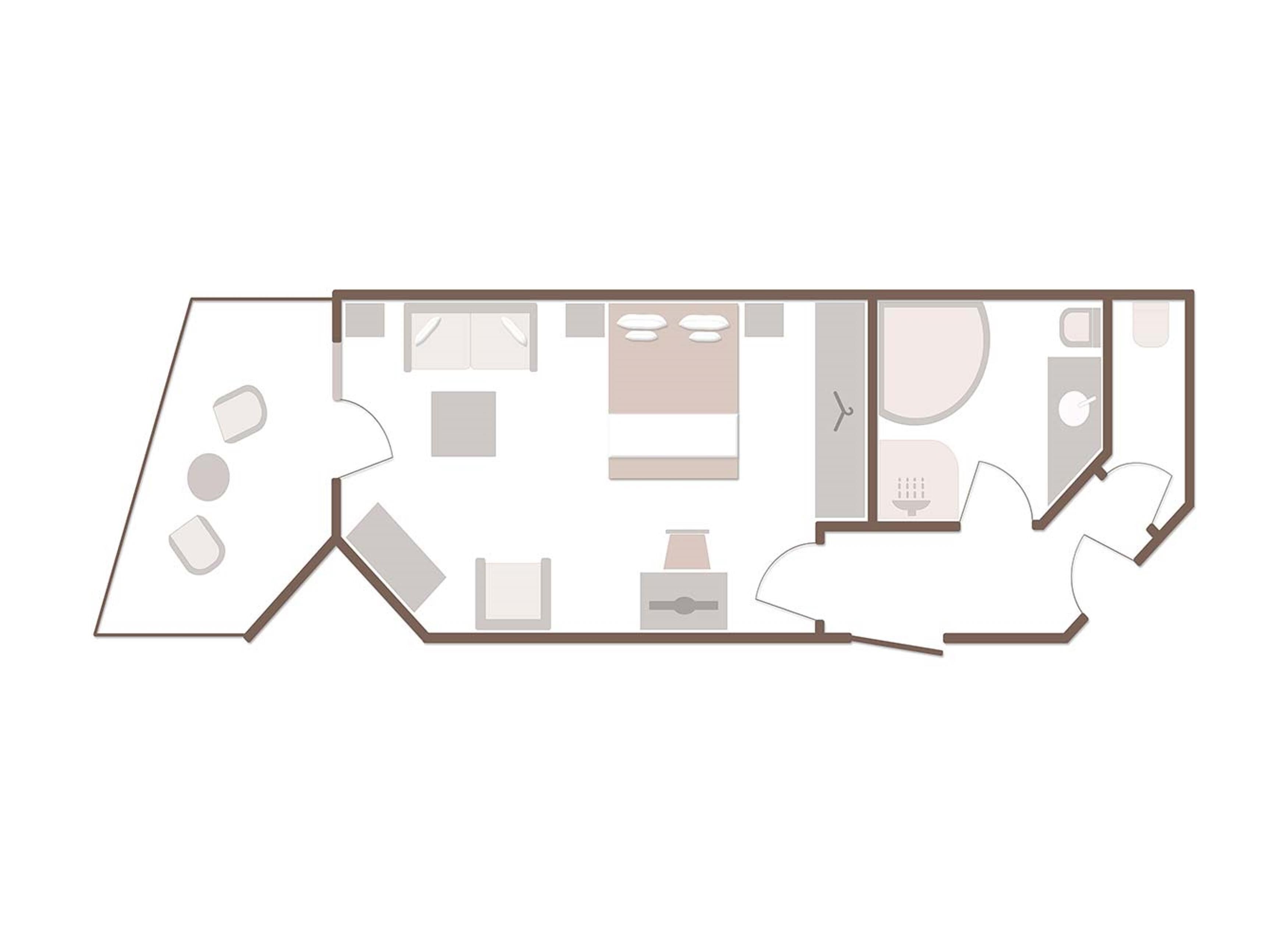 A floor plan of a hotel room with a bed, a desk, a chair, a bathroom, and a small seating area.