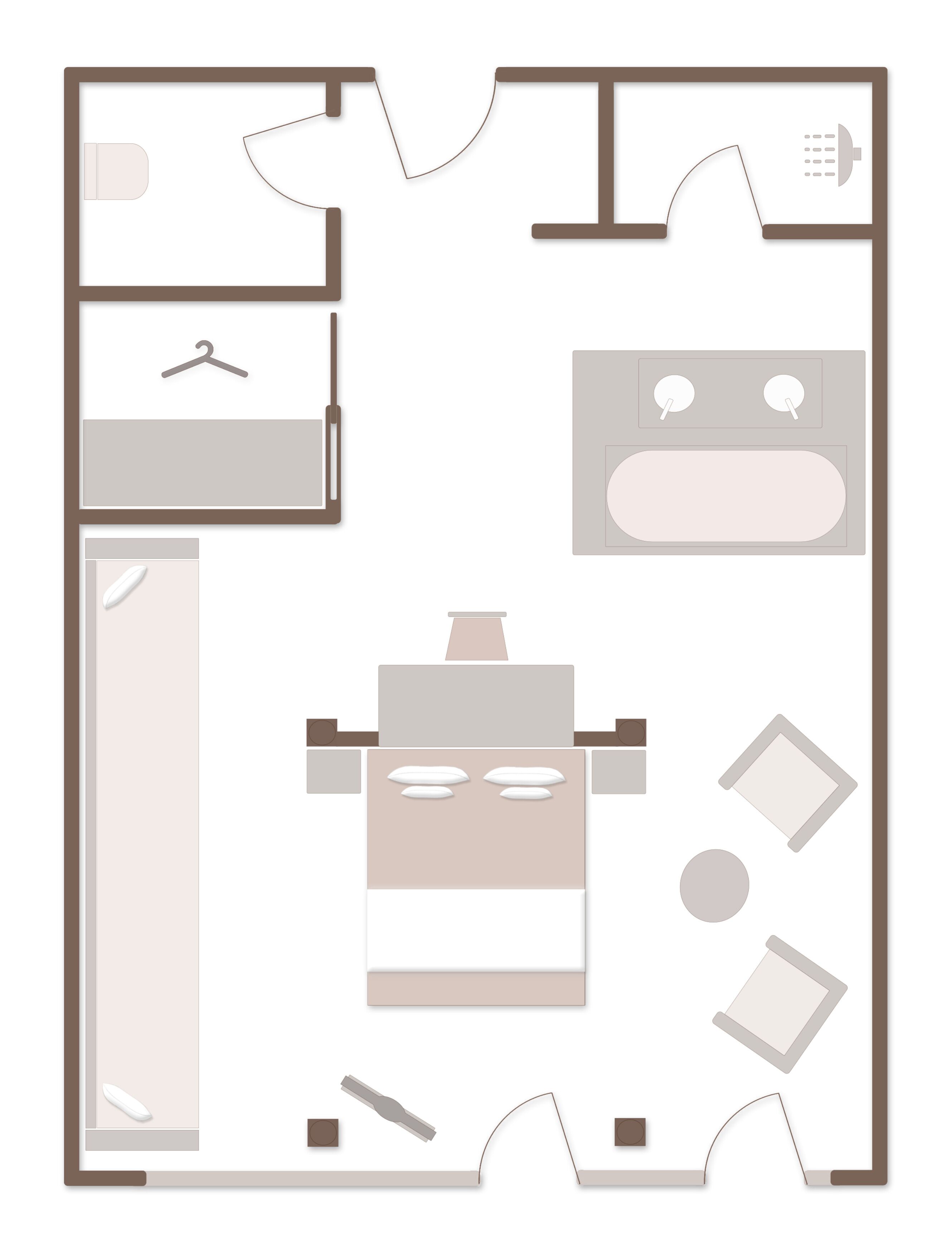 Un dormitorio con cama, mesitas de noche, armario y baño completo con ducha, lavabo e inodoro.