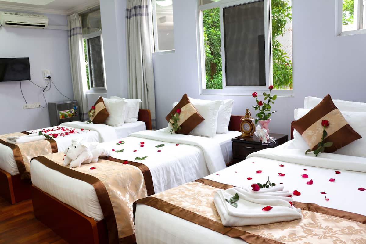 Une chambre d’hôtel avec deux lits, chacun doté d’une tête de lit marron, de draps blancs et de pétales de rose éparpillés sur les lits. On y trouve un téléviseur fixé au mur, une petite table avec un vase de fleurs et une fenêtre avec des rideaux.