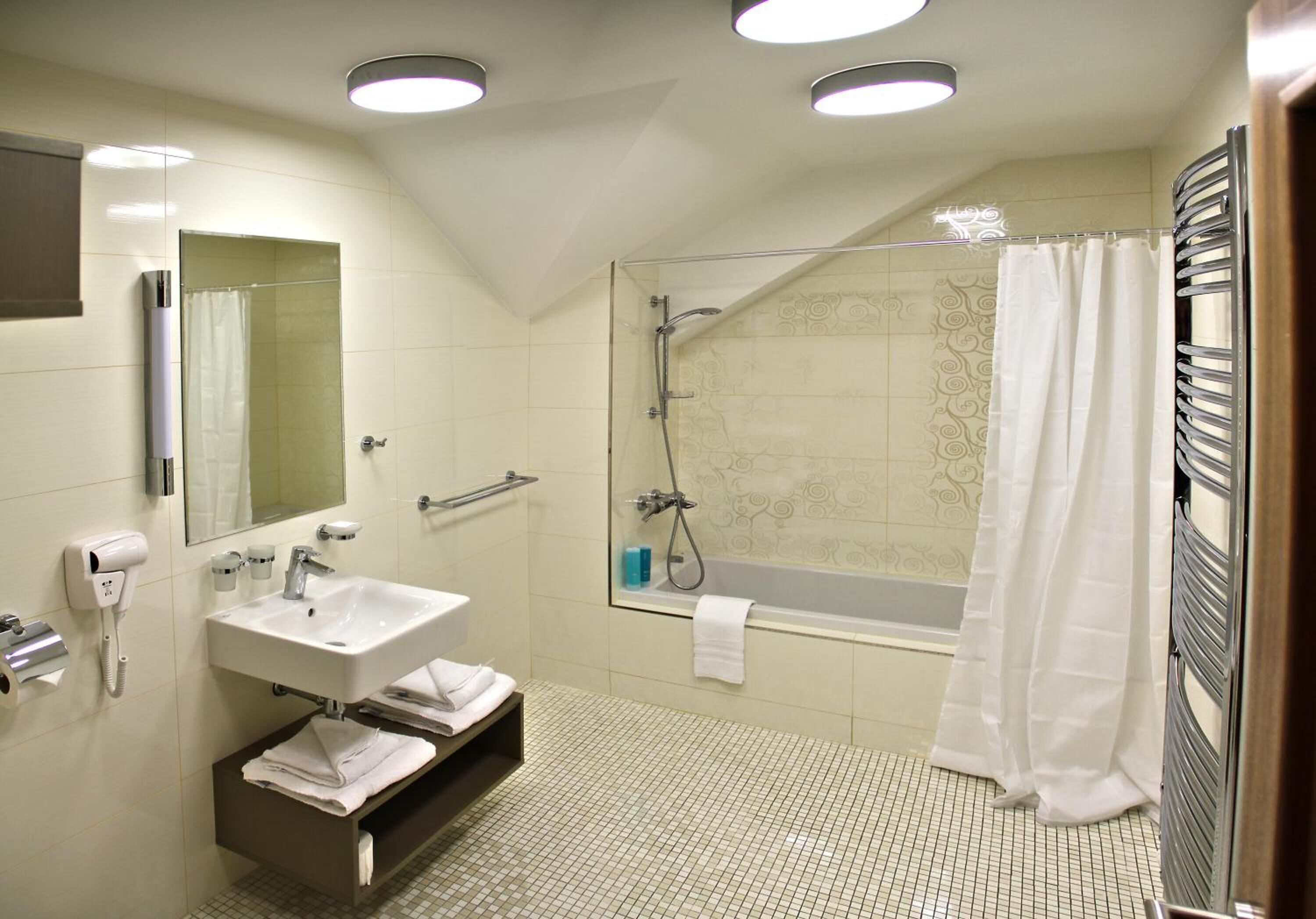 combined shower/bathtub, free toiletries, hair dryer, bathrobes