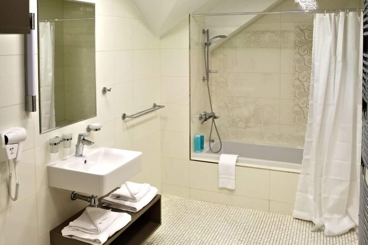 combined shower/bathtub, free toiletries, hair dryer, bathrobes