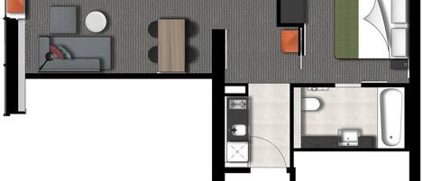 A one-bedroom apartment layout with a living area, dining space, and a separate bathroom.