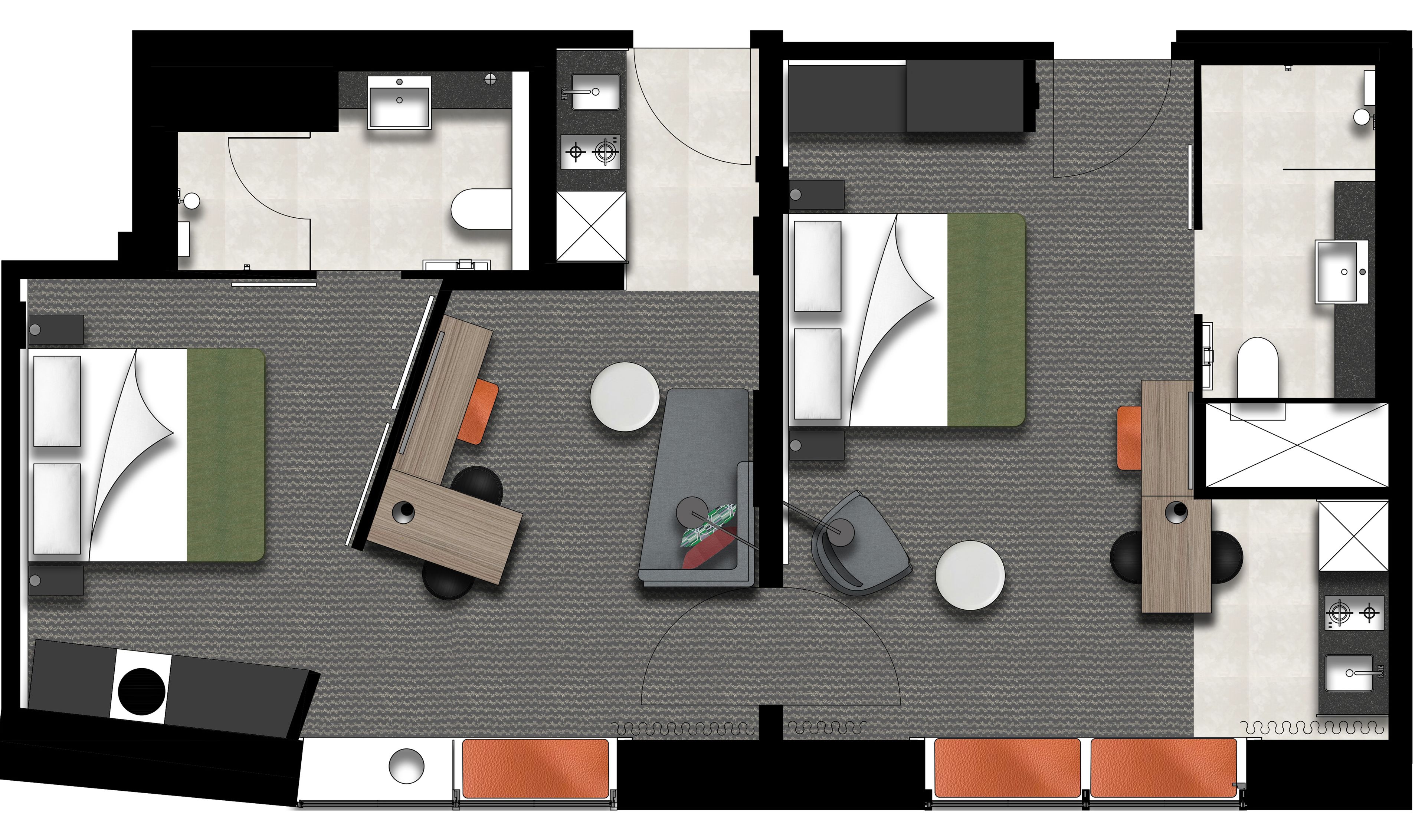 A hotel layout with multiple rooms, a central seating area, and a kitchenette.