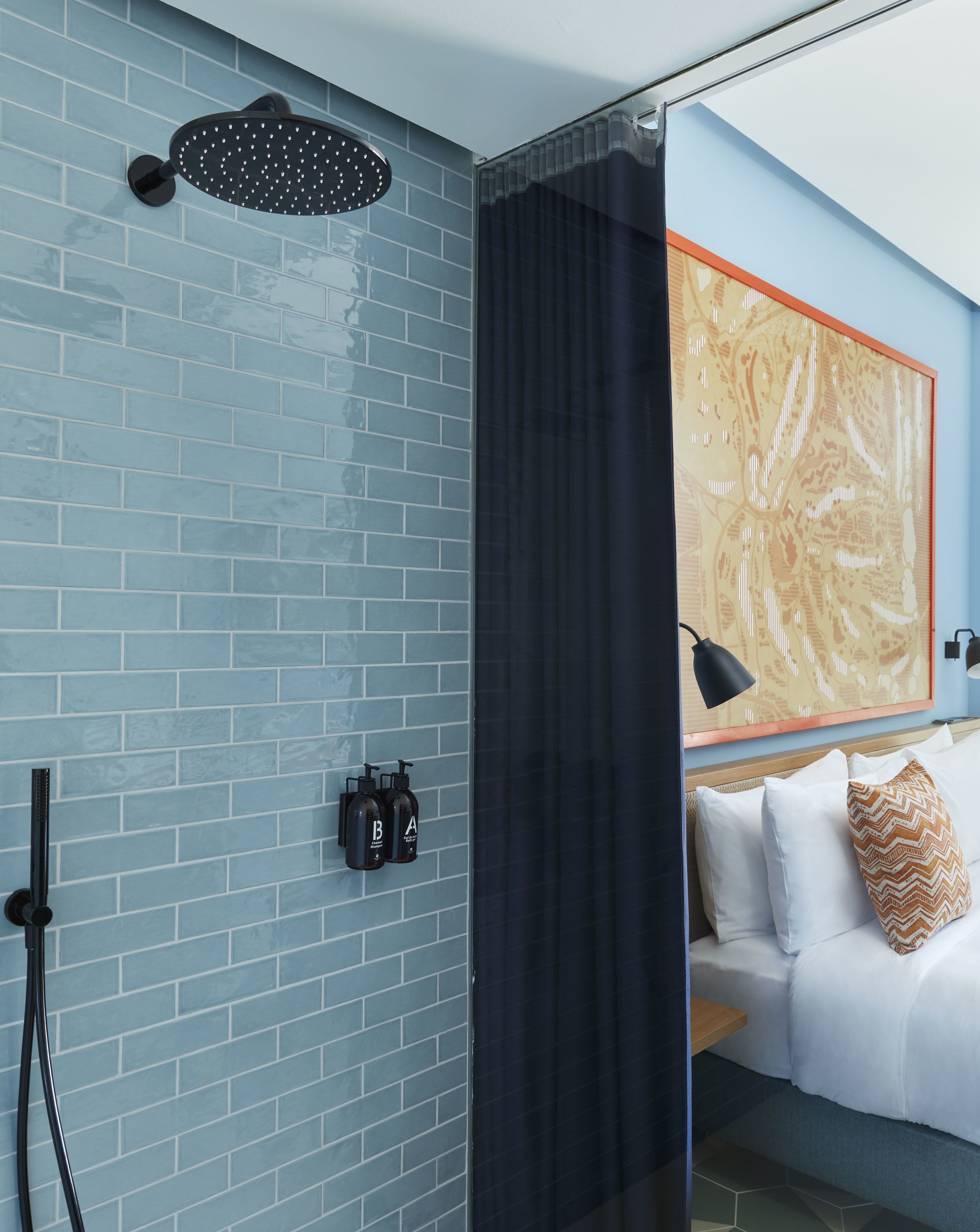 shower, designer toiletries, hair dryer, towels