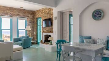 Smart TV, fireplace, books