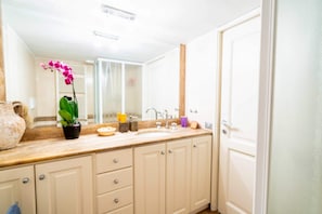 Douche, baignoire à jets, sèche-cheveux, bidet