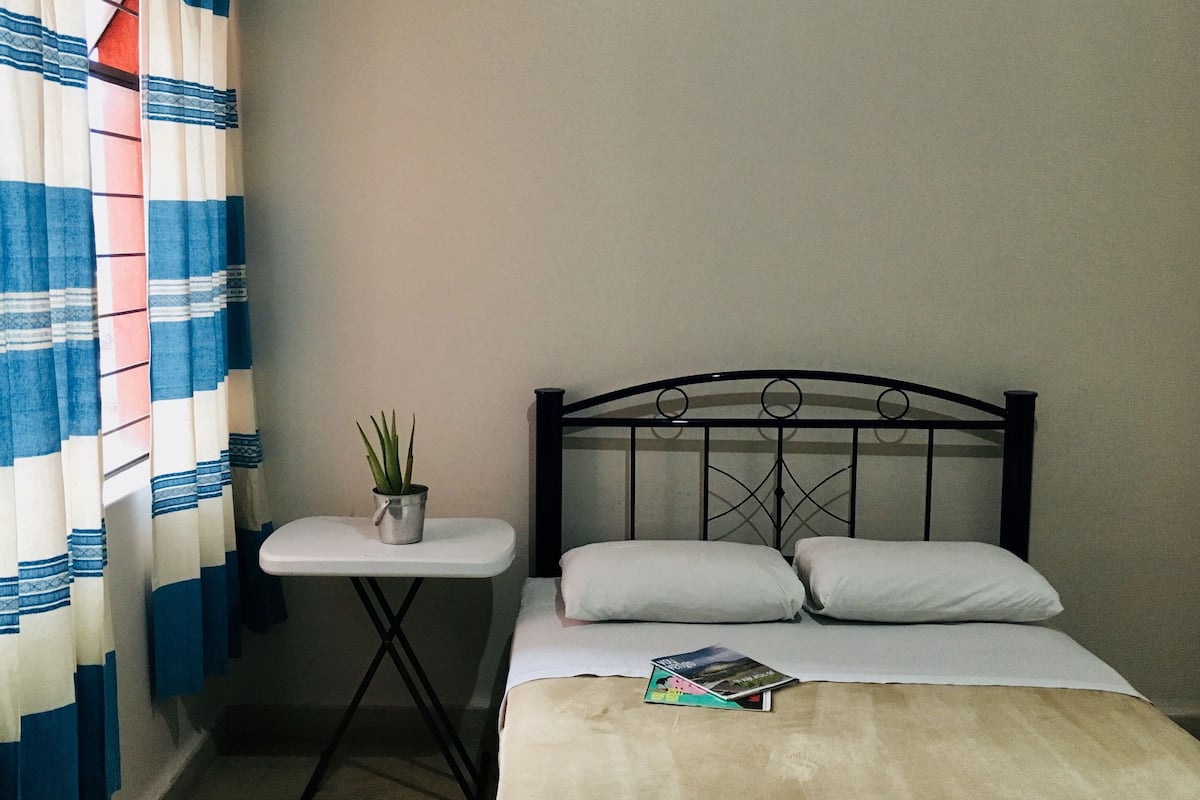 Un petit lit bien fait, avec une literie blanche et deux oreillers, une table de chevet ornée d’une plante en pot, et un rideau à rayures, partiellement tiré sur le côté.