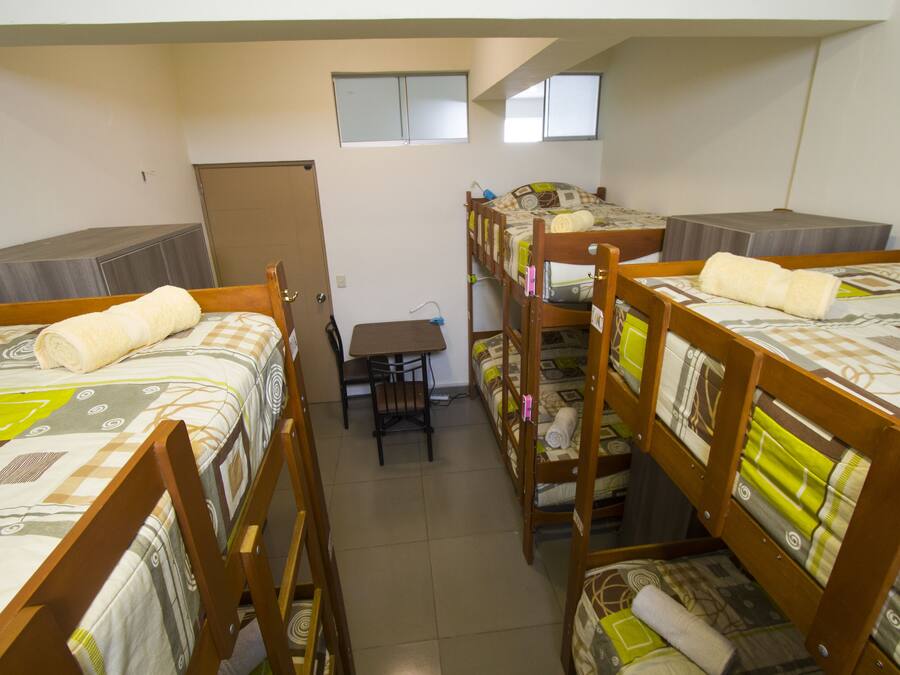 Una camera del dormitorio con letti a castello, una scrivania e una sedia.