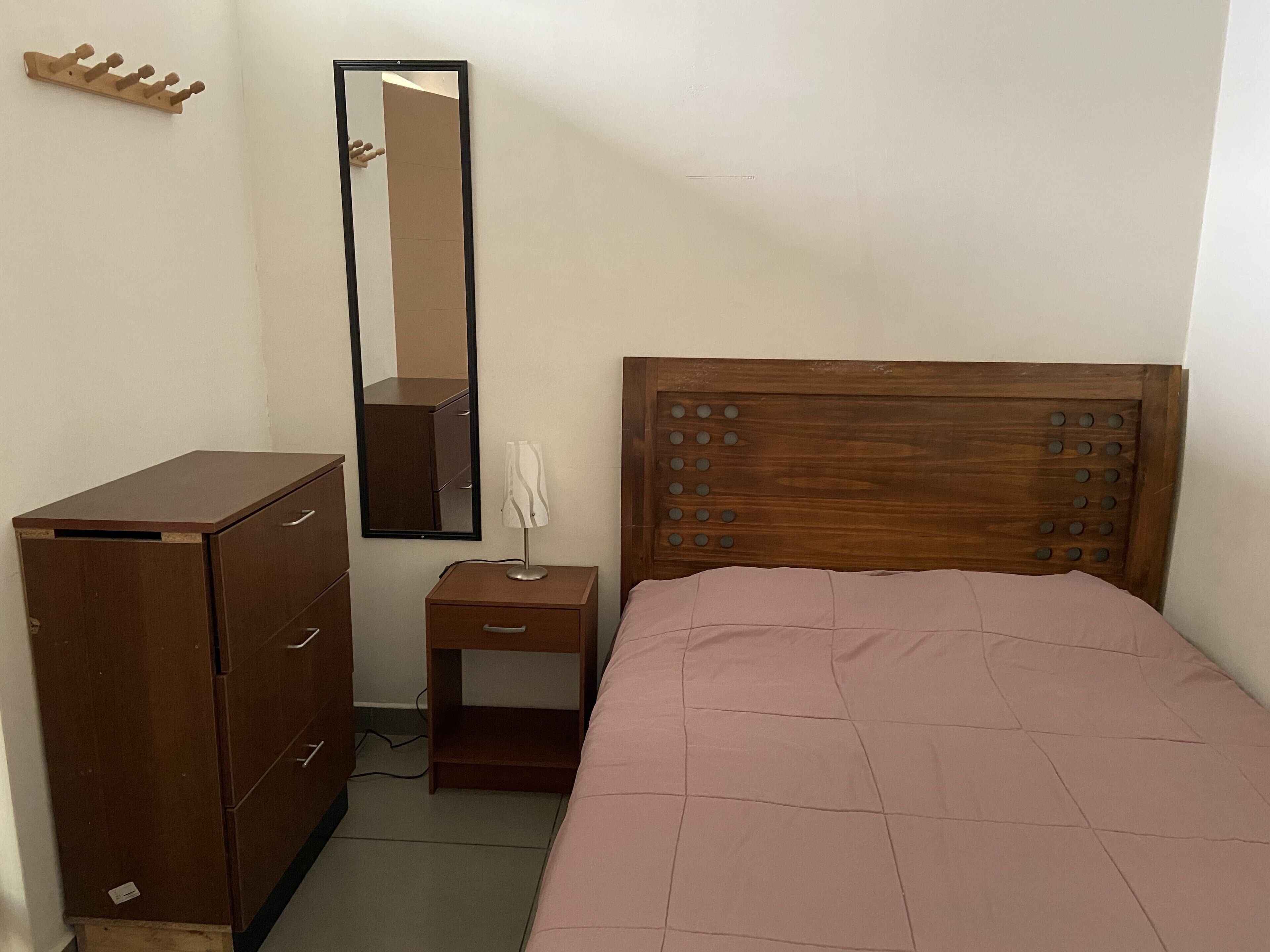 A bedroom with a wooden bed, a nightstand, a dresser, and a mirror.