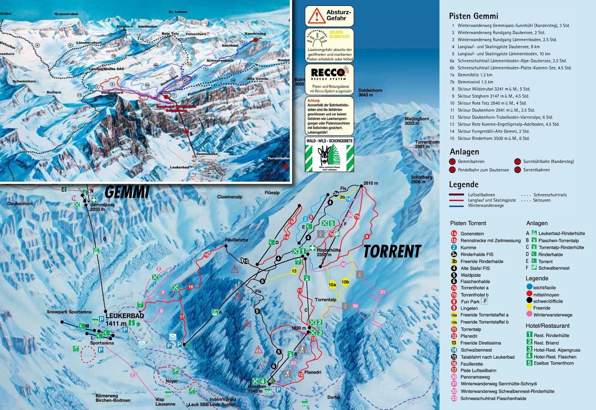 Gedetailleerde skioordkaart met aangegeven skipistes, liftlijnen en belangrijke locaties zoals Leukerbad en Torrent.