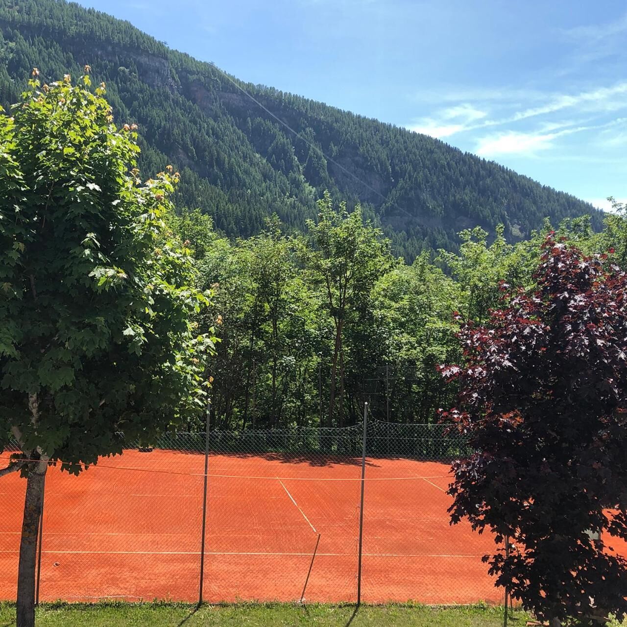 Una cancha de tenis rodeada de árboles y una colina boscosa.