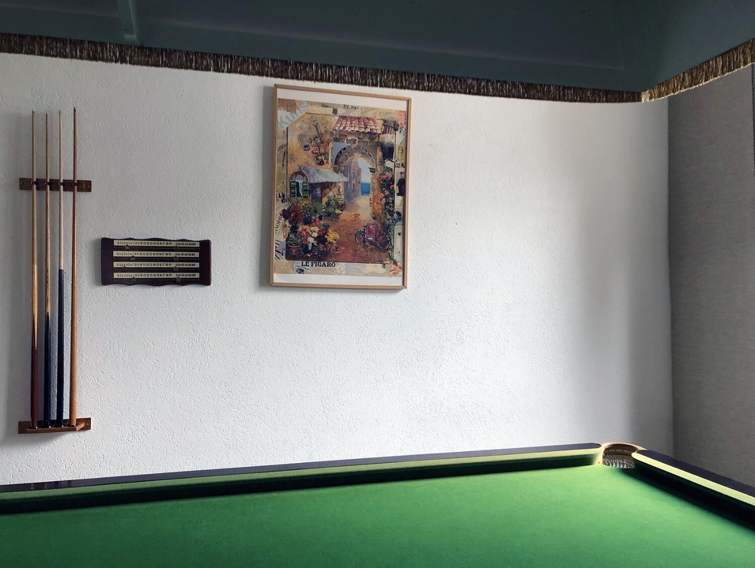 Ein Billardraum mit einem grünen Billardtisch, einem gerahmten Kunstwerk mit dem Titel 'LE FIGARO' und einer Reihe von Billardstöcken.