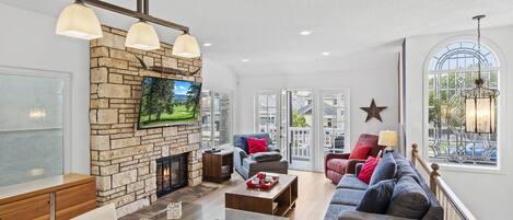 Télévision, cheminée, lecteur de DVD, espaces bureaux