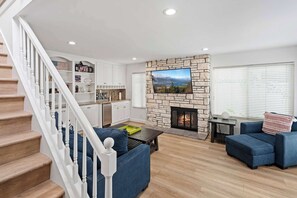 Télévision, cheminée, lecteur de DVD, espaces bureaux